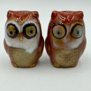 Vintage Ceramic Owl Salt & Pepper Shakers Brown & Beige Retro Pottery